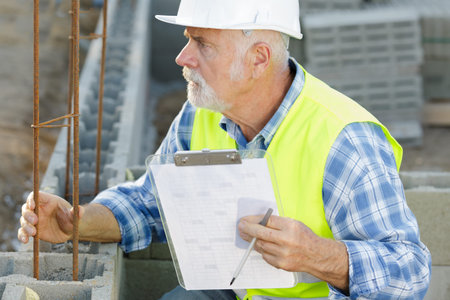 senior checking supervisor reinforcement bars on construction site