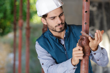 hard-working builder working with pipesの写真素材