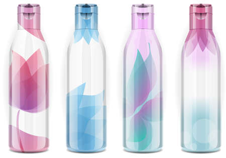 Detailed illustration of a Four plastic bottles with candid colorthis illustration has lights and shadows on a separate layer so that it can be change with just one click the fantasy of the bottle のイラスト素材
