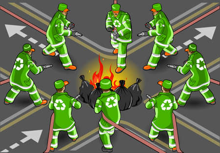 Detailed illustration of a isometric set of street sweeper man extinguishing the fire in eight positionsのイラスト素材