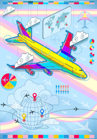 Detailed illustration of a infographic set elements with airplane in rainbowのイラスト素材