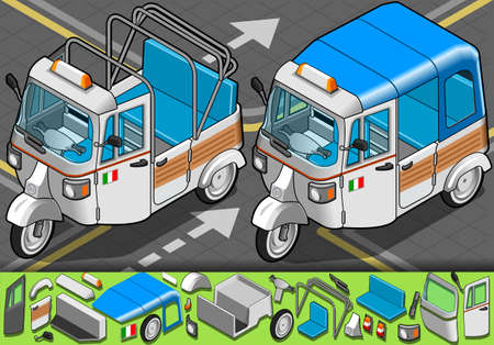 Detailed illustration of a isometric italian rickshaw in front viewIllustration in EPS10 with color space in RGB.Where possible, the objects have been grouped to make it easily editable or hidden.This image has transparent forms are in the figures.のイラスト素材