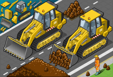 Detailed illustration of a isometric yellow bulldozer in front viewのイラスト素材