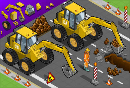 Detailed illustration of a Isometric Yellow Excavator in front viewのイラスト素材