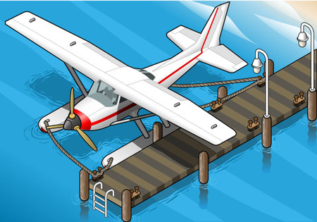 detailed illustration of a Isometric Seaplane Moored at the Pierin Front View