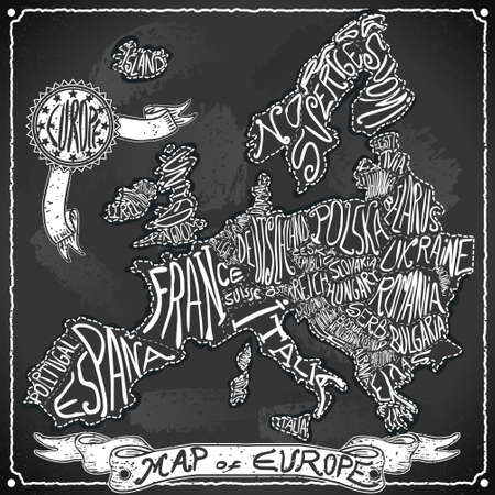 Detailed illustration of a Europe Map on Vintage Handwriting BlackBoardのイラスト素材