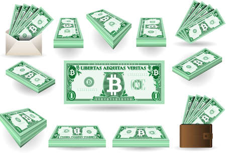 Detailed illustration of a full Set of One Bitcoins Banknotes Isolated on Whiteのイラスト素材