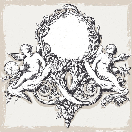 Detailed illustration of a Vintage Floral Frame with Angelsのイラスト素材