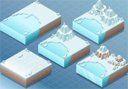 Detailed Illustration of a Isometric Arctic Terrain with Iceberg and Mountのイラスト素材