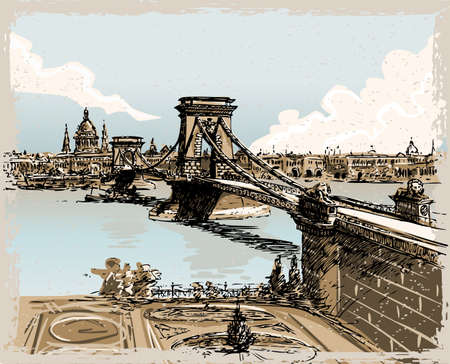 Detailed Illustration of a Vintage Hand Drawn View of Lions Bridge in Budapestのイラスト素材