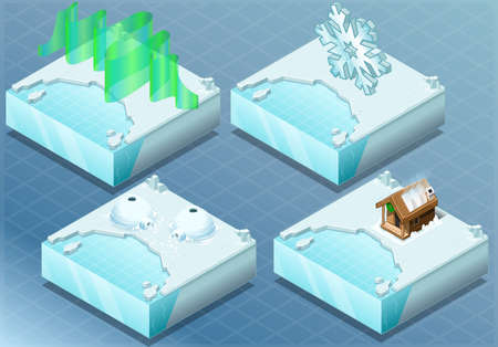 Detailed Illustration of a Isometric Arctic Igloo, Aurora, Sauna, Snow Flakeのイラスト素材