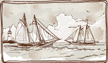 Detailed Illustration of a Vintage View of Sailing Ships on the Seaのイラスト素材