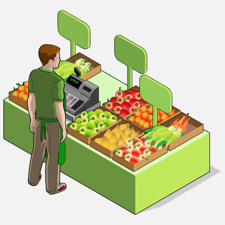 Detailed illustration of a Isometric Greengrocer Shop - Man Owner - Rear View Standing Peopleのイラスト素材