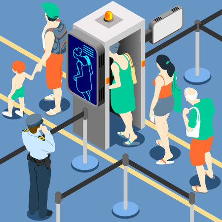 Isometric Queue at Security Checkpoint - Body Scan Machine - Airport Check In