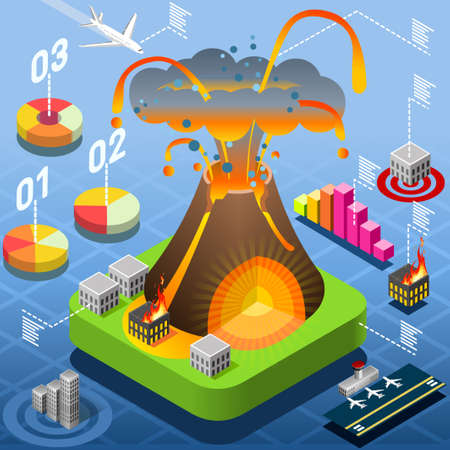 Isometric Natural Disaster Tile - Volcano Eruption Infographicのイラスト素材