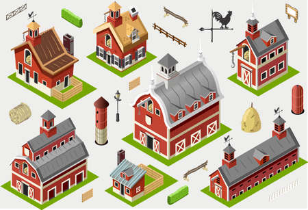 Isometric Historic Barn Set Tiles - Axonometric Views of American Liberty Buildingのイラスト素材