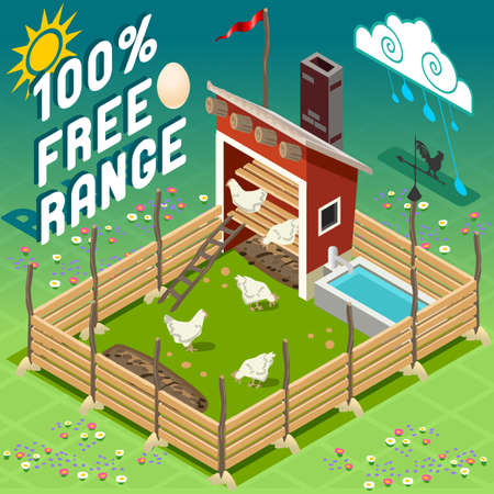 Isometric American Old Barn Wood - Henhouse with Chicken - Free Range Farmingのイラスト素材
