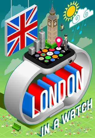 London England in a Watch Concept 3D Isometric Vector Image. Big Ben Building Inglese Gentleman with bowler hat. Flat Trendy iilustrationのイラスト素材