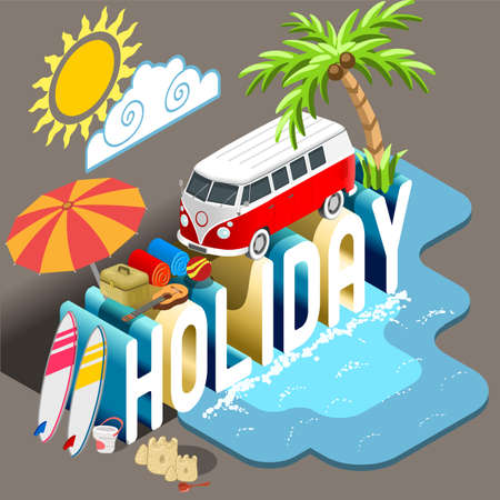 Summertime Vacation Alternatives. Holiday Postcard Collection. Flat 3D Isometric Infographic Vector Web Template. Summertime Concept Hippie Van Beach Umbrella Surfboard and Palms. Tourism Industryのイラスト素材