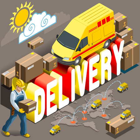 Flat 3D Isometric Express Delivery Services Industry Infographic Web Concept Icon Set Template Vector. Panel Truck Delivery Van Delivery Man with Box or Package Iconのイラスト素材