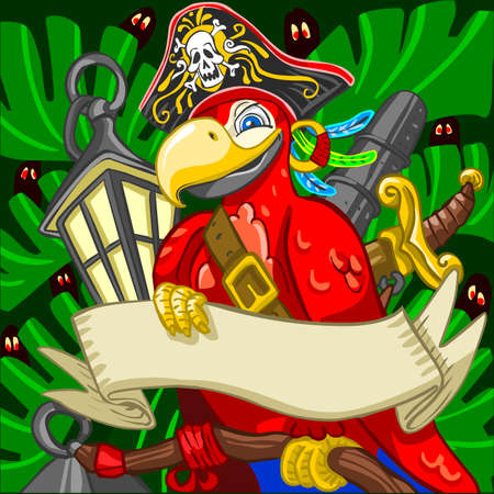 Game Tale Filibuster Pirate Corsair Boatswain Aggressive Armed Parrot with Saber Cannon Lanter  and Old Parchmentのイラスト素材