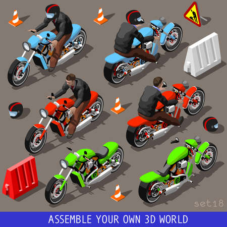 Flat 3D Isometric High Quality Vehicle Tiles Icon Collection. Motorbiker with Motorcycle. Assemble Your Own 3D World Web Infographic Septemberのイラスト素材