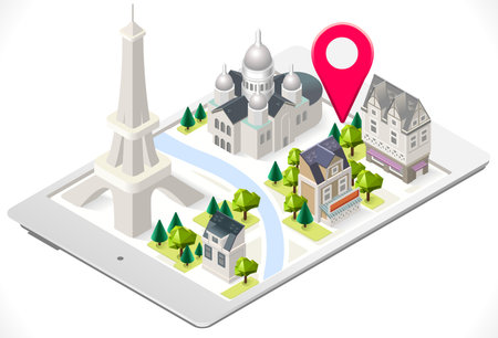 Paris 3D Map on a Tablet with Tint Isometric Landmark Buildings Sacre Coeur and Eiffel Tower