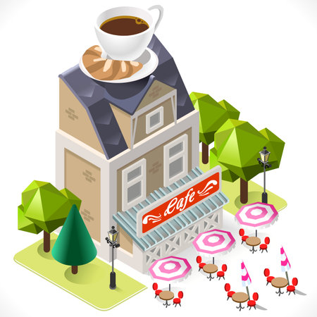 Retro Cafe Building with a Big Coffee Cup at the Top. 3D Tile for Your Own Isometric Game App. Tint Vector Isometric Icon.のイラスト素材