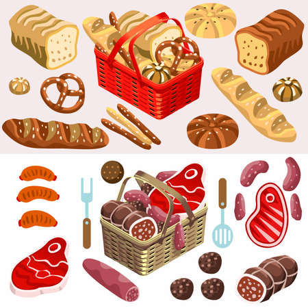 Fragrant Mixed Types of Freshly Baked Bread near a Flat 3d Isometric Basket of Gorgeous Meat Products.のイラスト素材