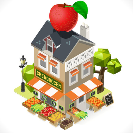 Greengrocer Shop Building with a Big Apple at the Top. 3D Tile for Your Own Isometric Game App. Tint Vector Isometric Icon.のイラスト素材