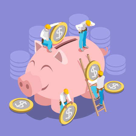 Saving Money Concept. Interacting People Unique Isometric Realistic Poses. NEW lively palette 3D Flat Vector Illustration Hard Hat Mini People Set Put in Coins to Piggy Bankのイラスト素材