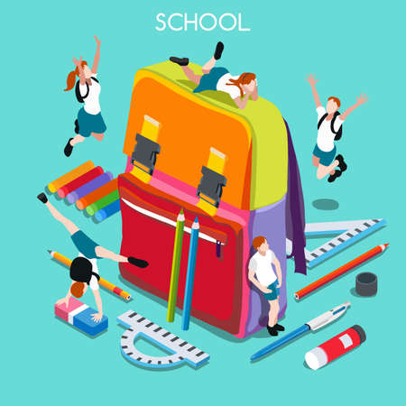 School Chancellery Set 01. Interacting People Unique IsometricRealistic Poses. NEW lively palette 3D Flat Vector Illustration. Happy Back to Schoolのイラスト素材