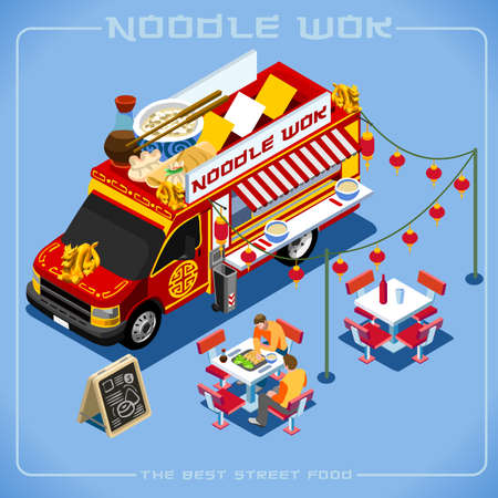 Chinese Noodle Wok Food Truck Delivery Master. Street Food Chef Web Template NEW bright palette 3D Flat Vector Icon Set Isometric Food Truck Full Taste High Quality Dishes Alternative Street Cuisineのイラスト素材