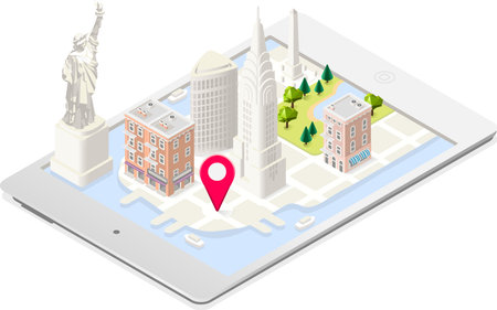 NYC in a Tablet Liberty Statue and Landmarks Isometric 3D Flat Landmark New York Manhattan Usa...