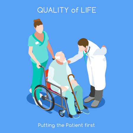 Healthcare Quality of Life as First Aim. QoL as First Care. Patient Disease Hospitalization Medical Insurance Hospital. Old Patient with Doctor Staff. NEW bright palette 3D Flat Vector Peopleのイラスト素材