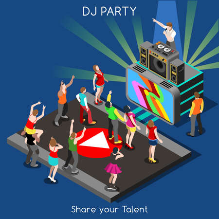 Just Dance Disco DJ Party. Interacting People Unique Isometric Realistic Poses. NEW bright palette 3D Flat Vector Set. DJ Performance Indie Music Dee-Jay Database. Share your Talentのイラスト素材