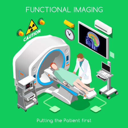 Diagnostic and Therapeutic Imaging Hospital Department. Patient as First Aim. PET Scan Cancer Disease Insurance Hospital. NEW bright palette 3D Flat Vector People Setのイラスト素材
