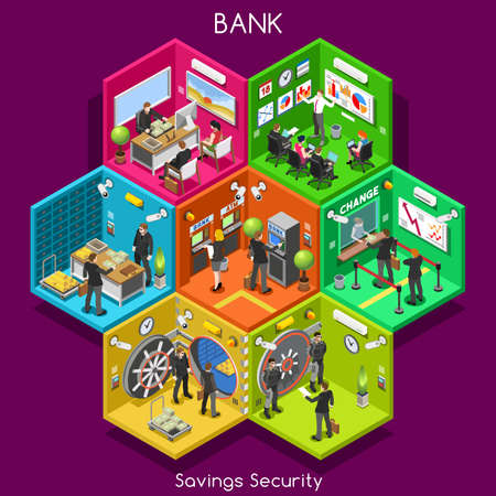 Bank Savings Financial Security Infographics. NEW Bright Palette 3D Flat Vector Icon Set. Interior Room ATM Vault Customer Client Office Staff Concept. Depository Vault Banking Credit Investments