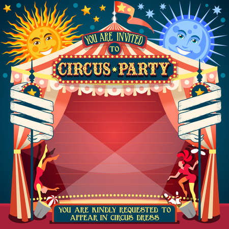 Tale of Tales You are Invited to The Court of Miracles. Circus Carnival Colorful Retro Vintage Template for your Happy Crazy Partyのイラスト素材