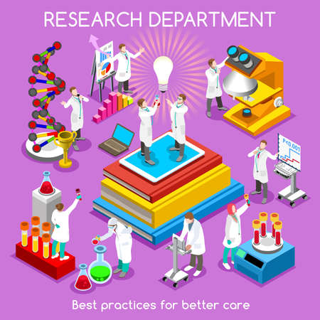 Physical and Life Sciences Concept. Pharmaceutical Research Phase Trials. Set of Conceptual Research Symbols. NEW bright palette 3D Flat Vector People. Infographic Template for Presentation Insightのイラスト素材
