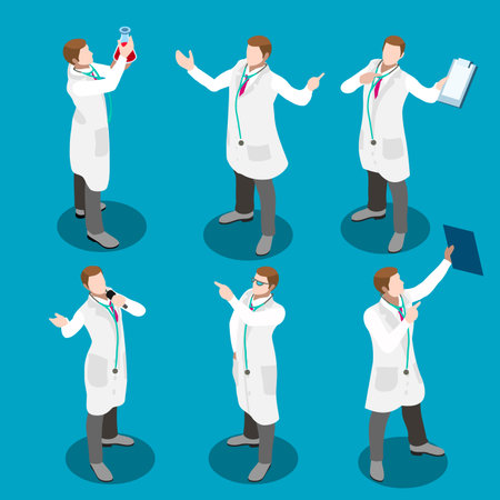 Healthcare medical staff gestures and poses. Doctor at work flat 3d isometric icon set. Elements for web infographics vector illustration. Physician professional conceptual collectionのイラスト素材
