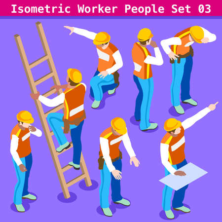 Construction Worker Collection. Blue Collar Male People in Unique Isometric Realistic Poses. NEW bright palette 3D Flat Vector Icon Set. Assemble your Own 3D Worldのイラスト素材