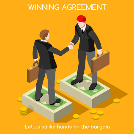 Business handshake agreement. Partnership Isometric infographic. Interacting People Unique Isometric Realistic Poses. NEW bright palette 3D Flat Vector Icon Setのイラスト素材