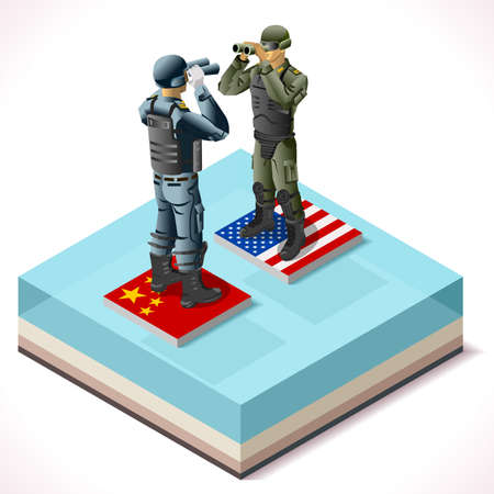 Isometric Militar Confrontation Usa vs China in South Sea. Wargame Set Collection NEW bright palette 3d Flat Vector Setのイラスト素材