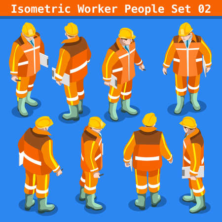 Construction Worker Collection. Blue Collar Male People in Unique Isometric Realistic Poses. NEW bright palette 3D Flat Vector Icon Set. Assemble your Own 3D Worldのイラスト素材