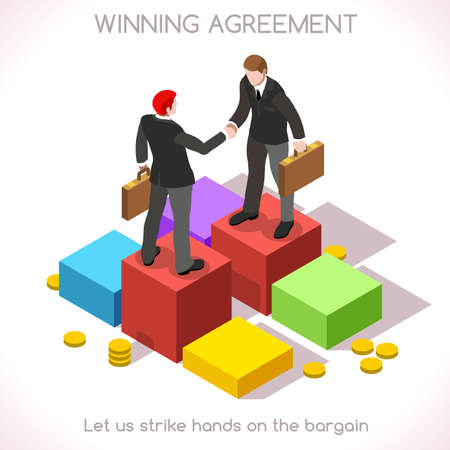 Business handshake agreement. Partnership Isometric infographic. Interacting People Unique Isometric Realistic Poses. NEW bright palette 3D Flat Vector Icon Setのイラスト素材