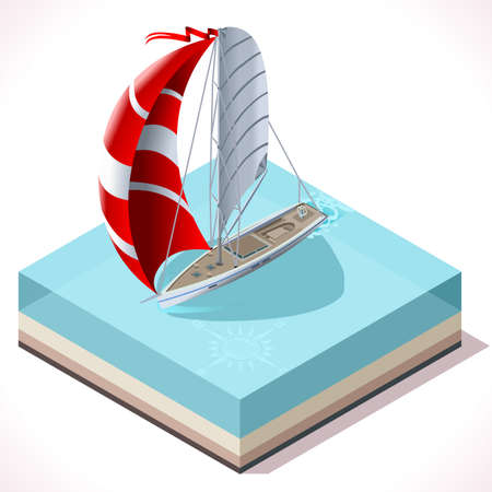 Points of Sail Isometric 3D Flat Style Set. Sail Boat Icon. Nautical Ship Collection to Build Regatta Infographic or Diagramのイラスト素材