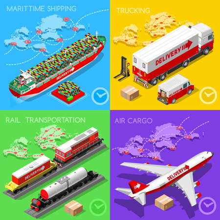 Logistic 3D icons set flat isometric transport truck maritime shipping ship air cargo plane and rail transportation realistic express delivery vehicles illustrationsのイラスト素材