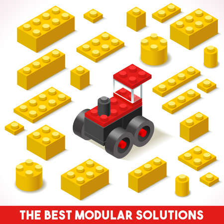 The Best Modular Solutions Isometric Basic Farm Tractor Collection Plastic Toy Blocks and Tiles Set.のイラスト素材