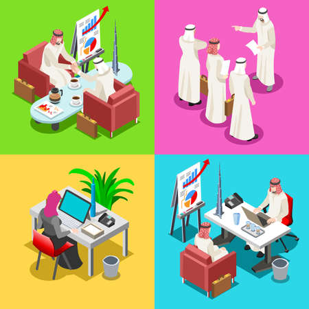 Middle Eastern Arab Sheik Businessman 3D Flat Isometric People Collection. Arab Business Man Drawing. Finance Character Picture. Infographic Elements Isolated Vector Image.のイラスト素材